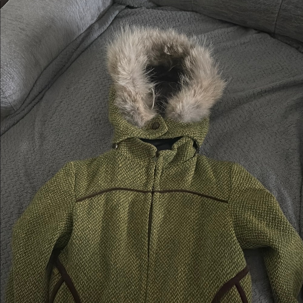 Soia & Kyo Olive Green Wool-Blend Hooded Coat with Fur Trim